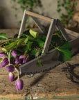 Purple flowers in a rustic wooden tool box on a wooden surface with a blurred background