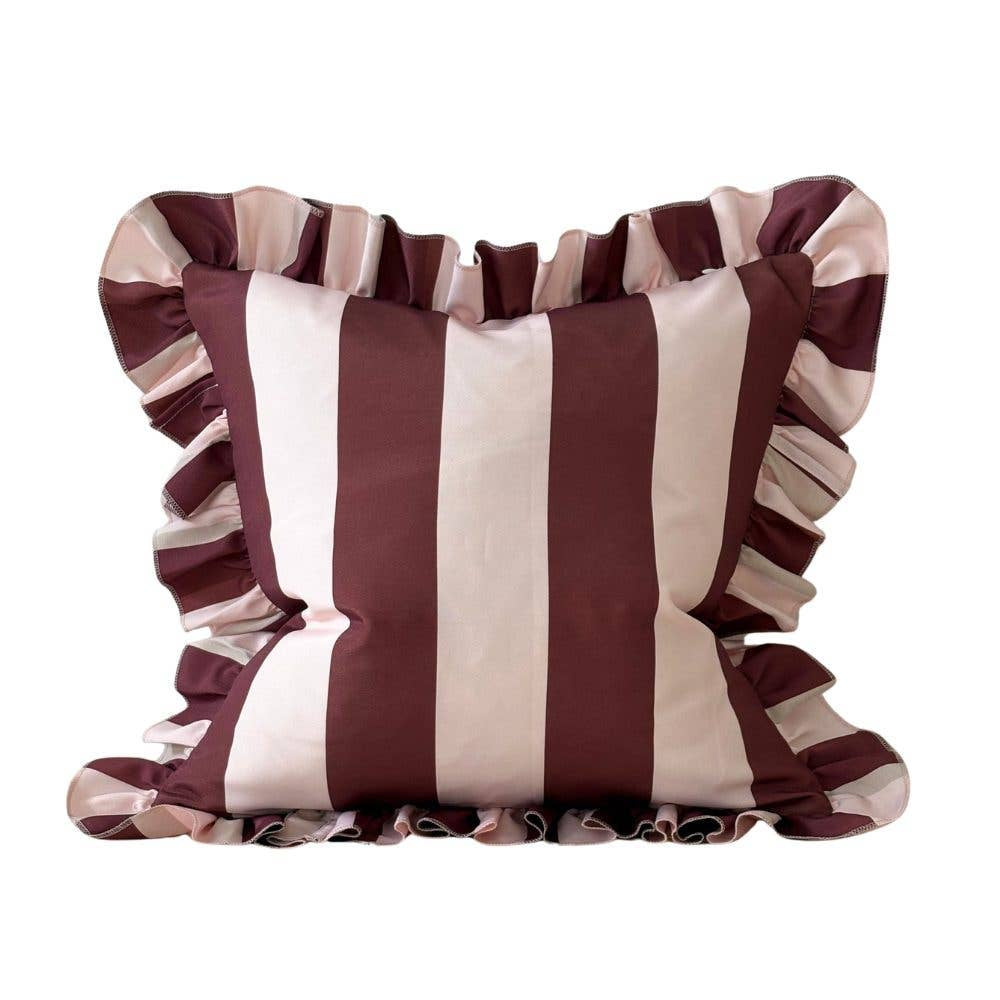 Outdoor Striped Ruffle Cushion Cover /  Burgundy &amp; Pink / 45 x 45 cm
