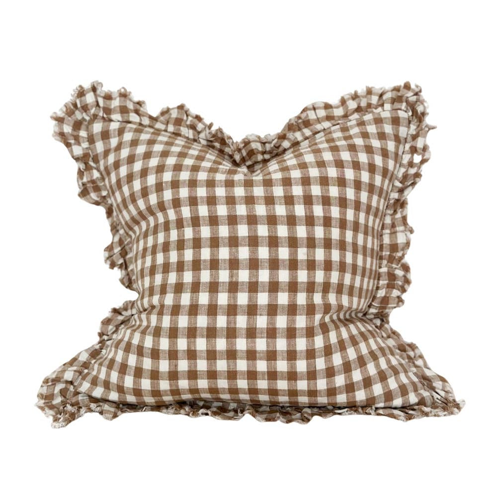 Linen Ruffe Cushion Cover / Brown Gingham / 45 x 45 cm
