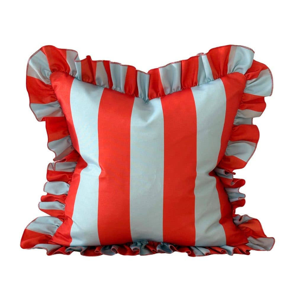 Outdoor Ruffle Striped Cushion Cover / Blue &amp; Red / 45 x 45 cm