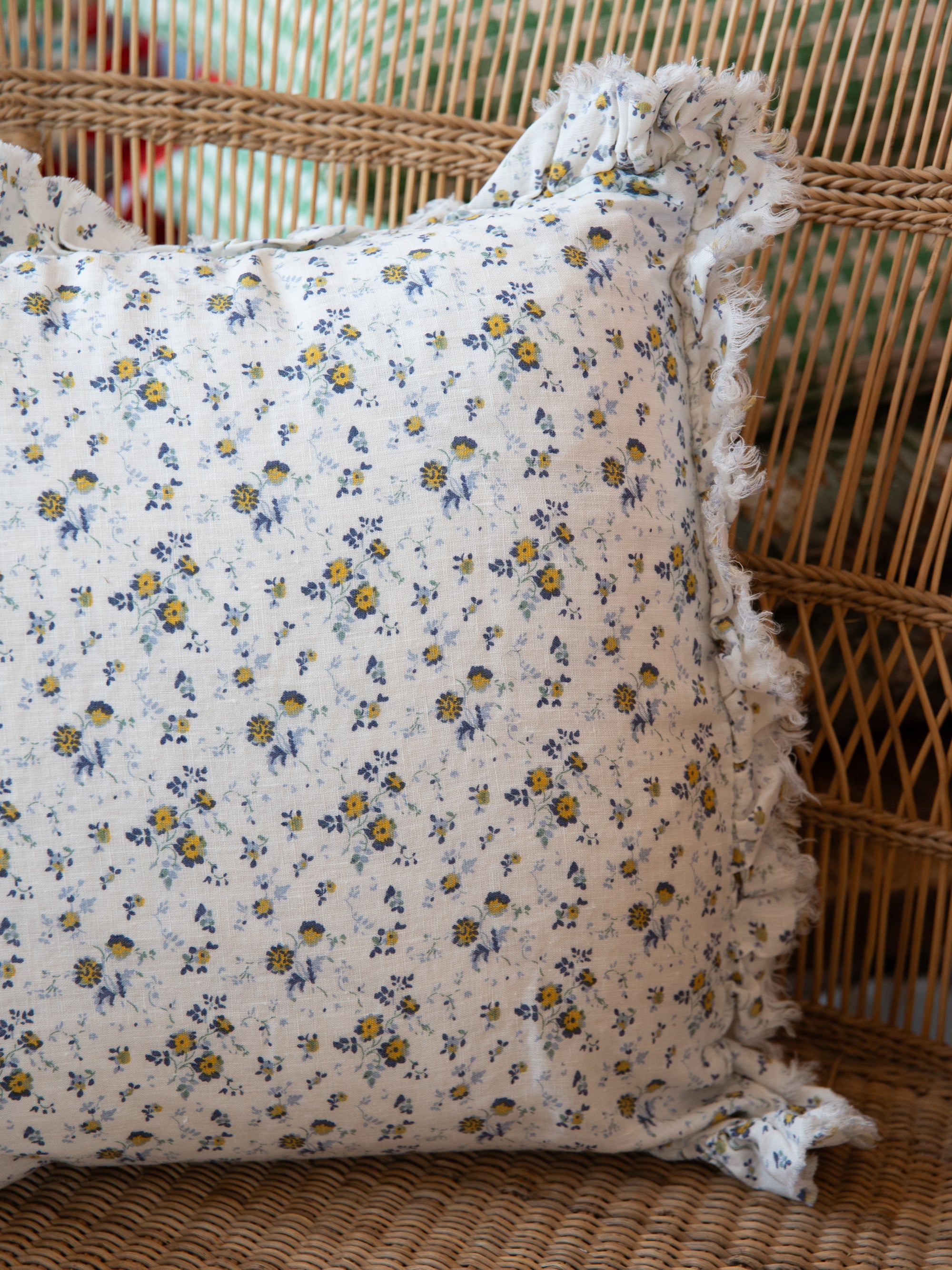 Linen Ruffle Cushion Cover / Blue Ditsy Floral / 45 x 45 cm