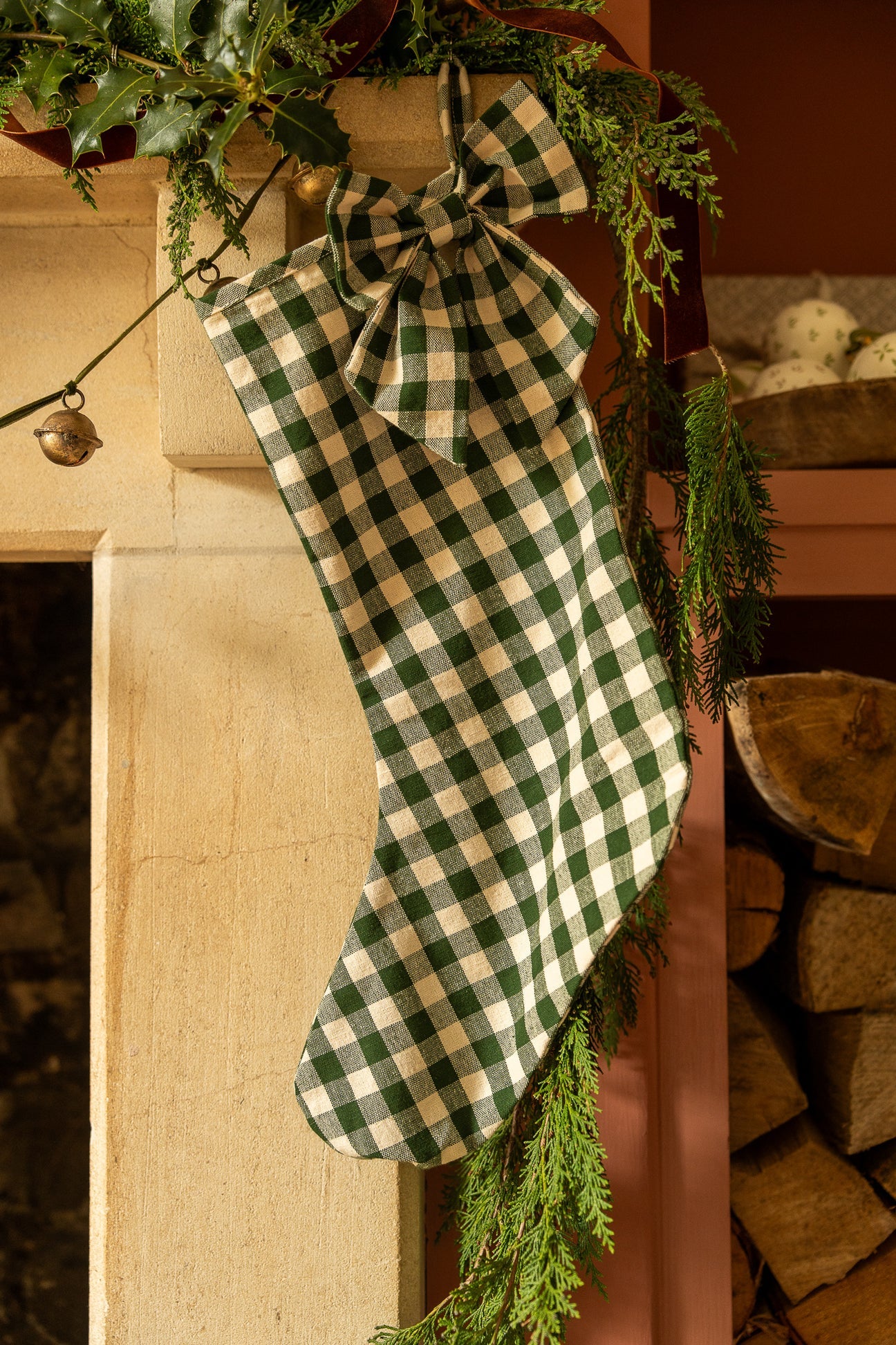 Bow Stocking / Pine Green Gingham