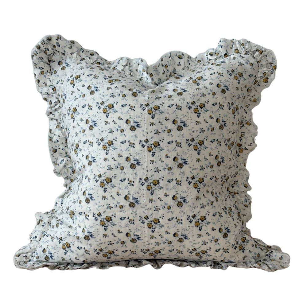 Linen Ruffle Cushion Cover / Blue Ditsy Floral / 45 x 45 cm