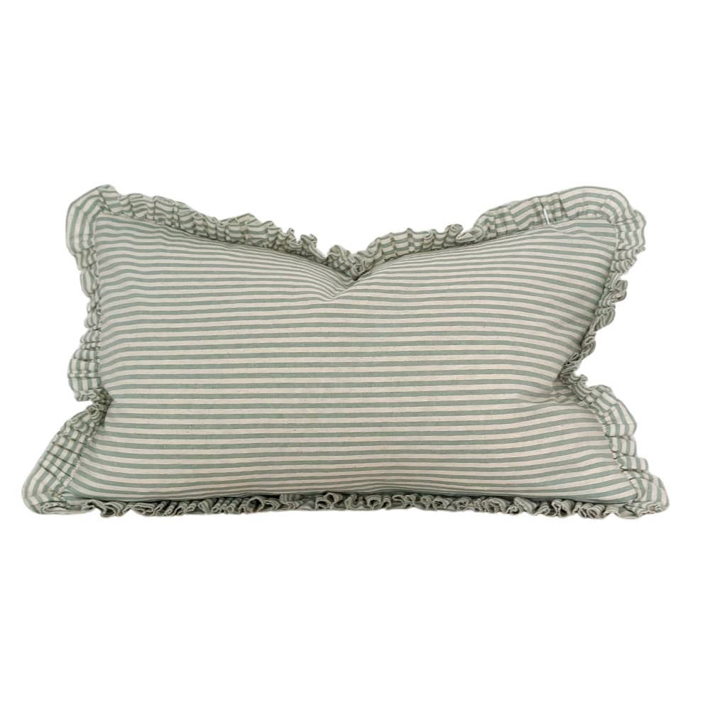 Cotton Ruffle Cushion Cover / Sage Green Stripe / 50 x 30 cm