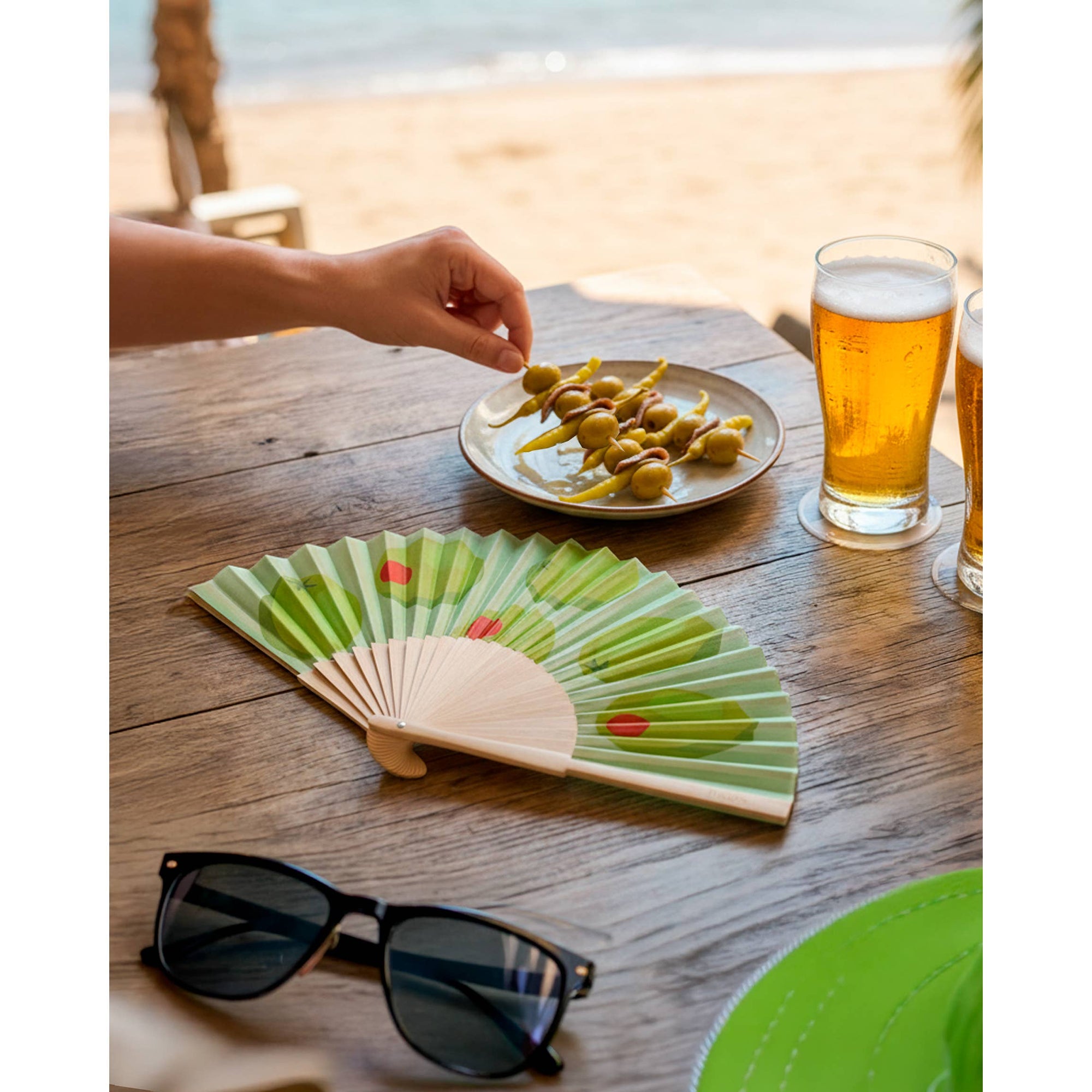 Olive Print Wooden Hand Fan