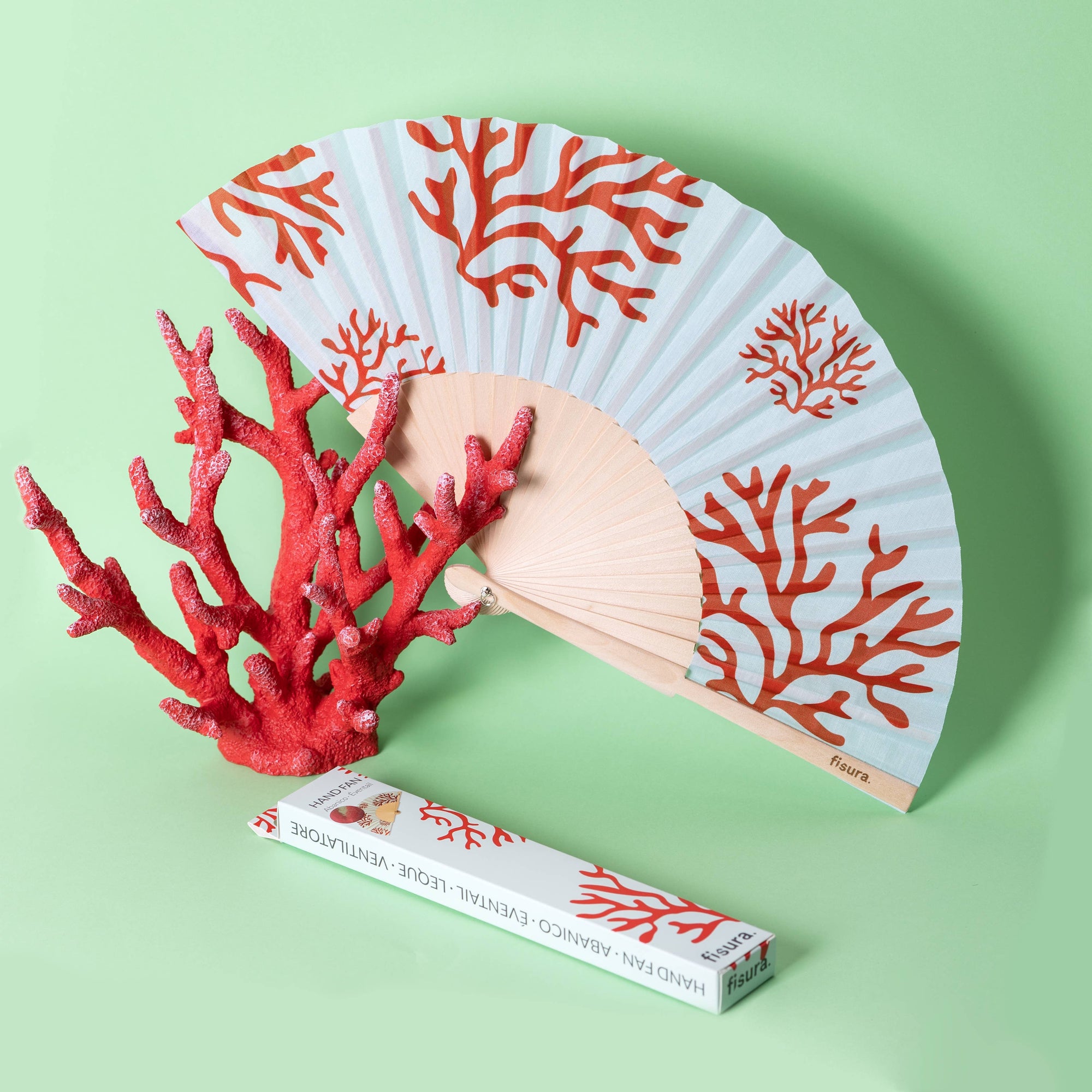 Coral Print Wooden Hand Fan