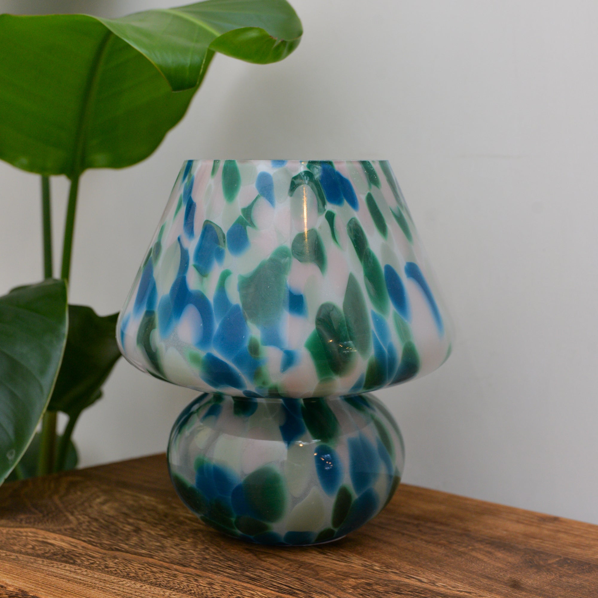 Large Glass Mushroom Lamp / Green and Blue Dot