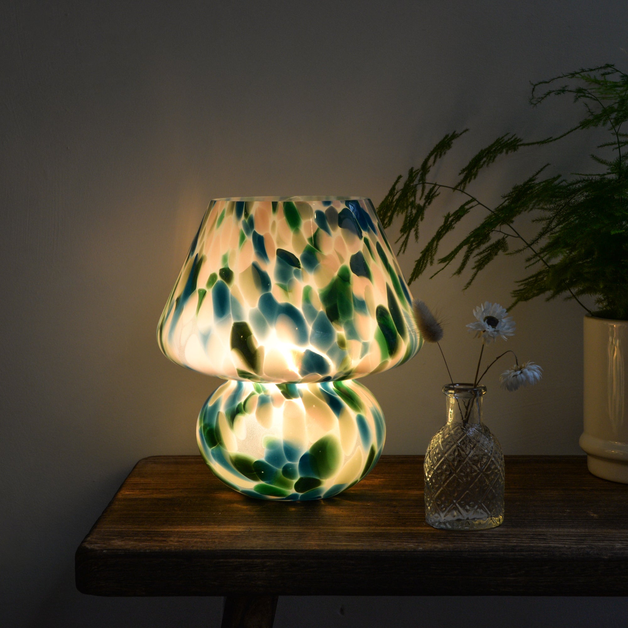 Large Glass Mushroom Lamp / Green and Blue Dot