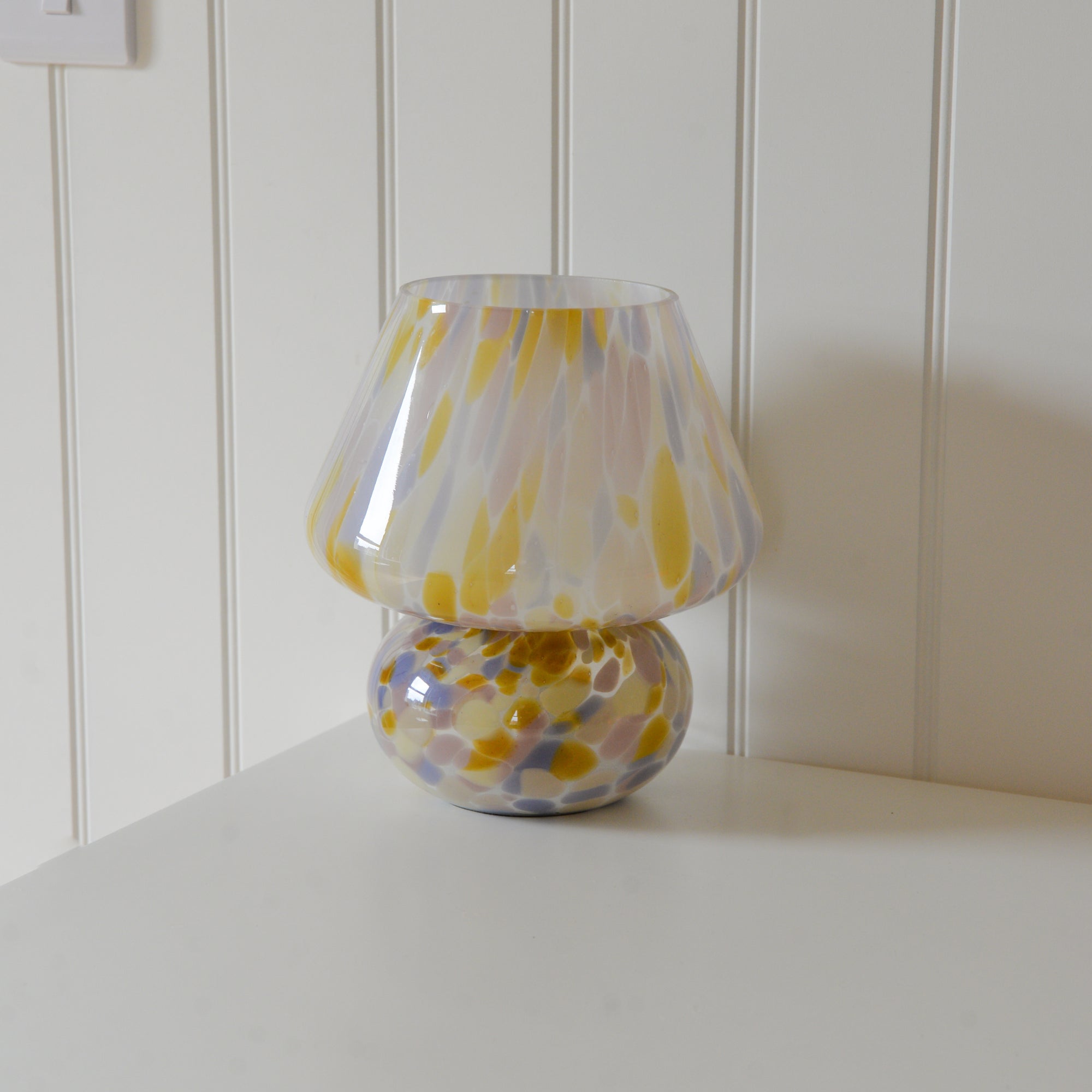 Large Glass Mushroom Lamp / Yellow and Rose Dot