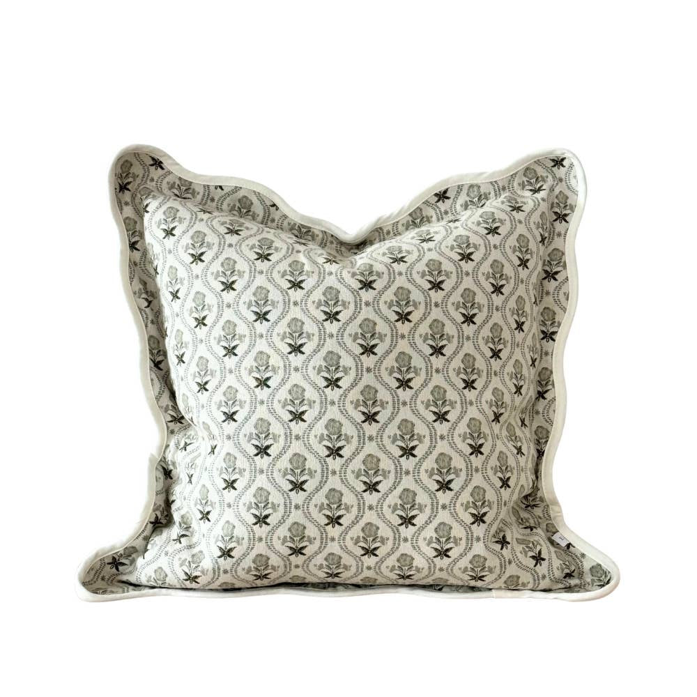 Scalloped Edge Cushion Cover / Sage Block Print Floral / 45 x 45 cm