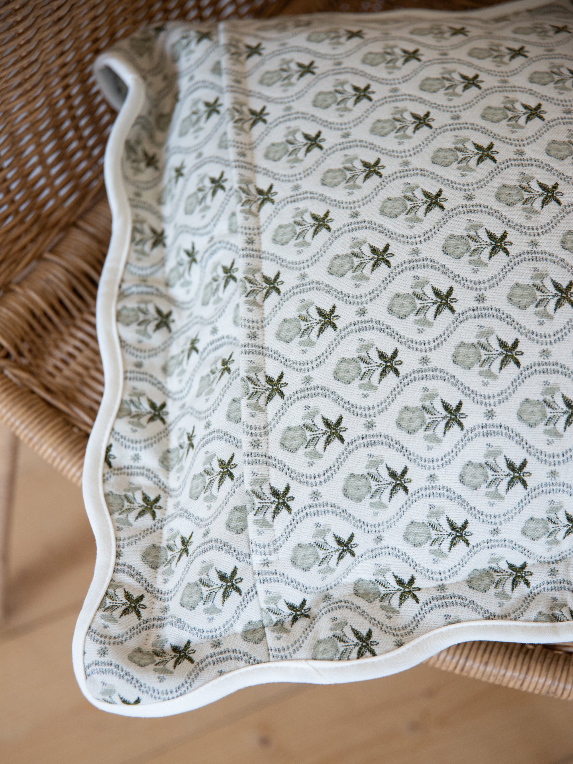 Scalloped Edge Cushion Cover / Sage Block Print Floral / 45 x 45 cm
