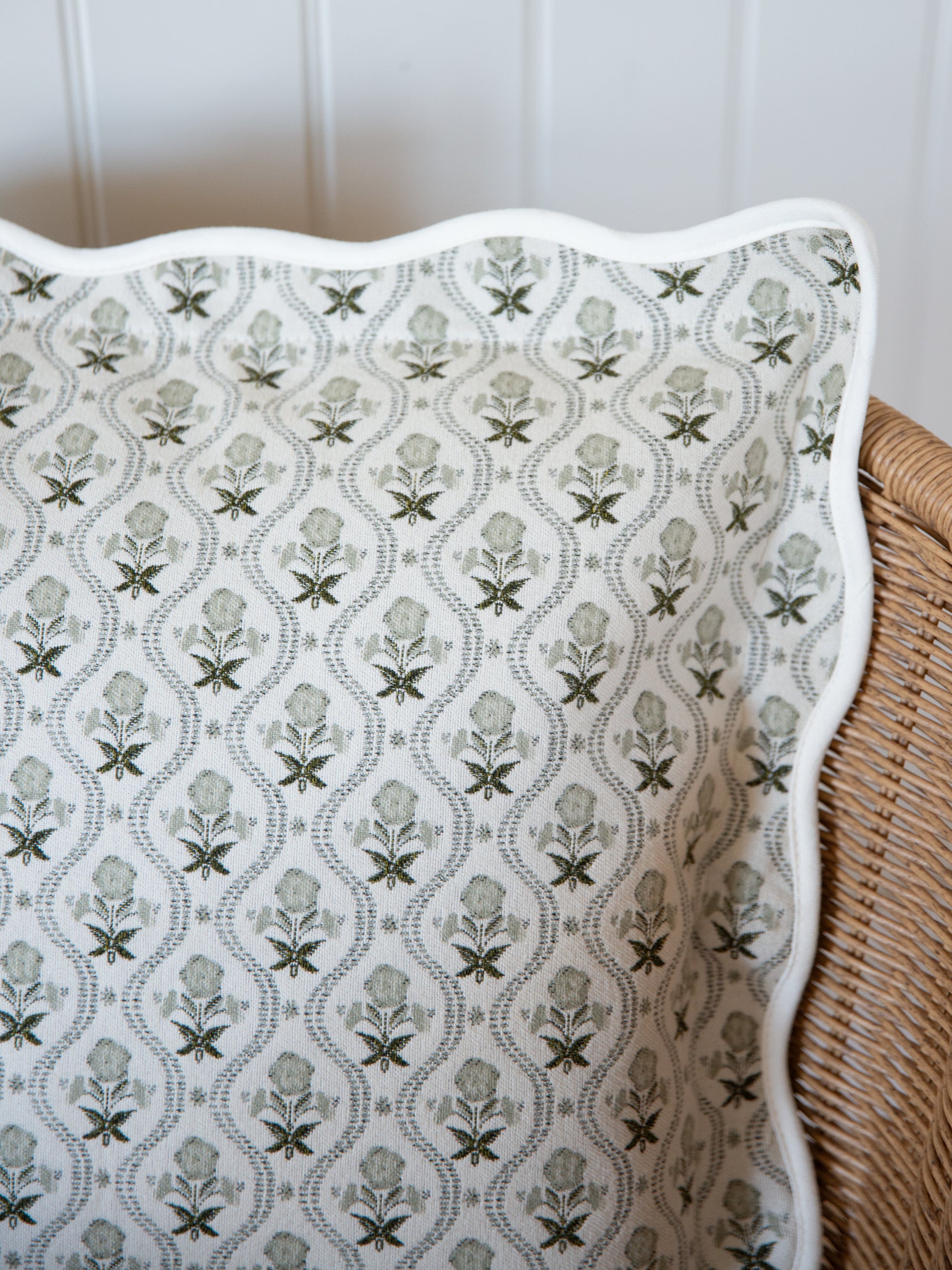 Scalloped Edge Cushion Cover / Sage Block Print Floral / 45 x 45 cm