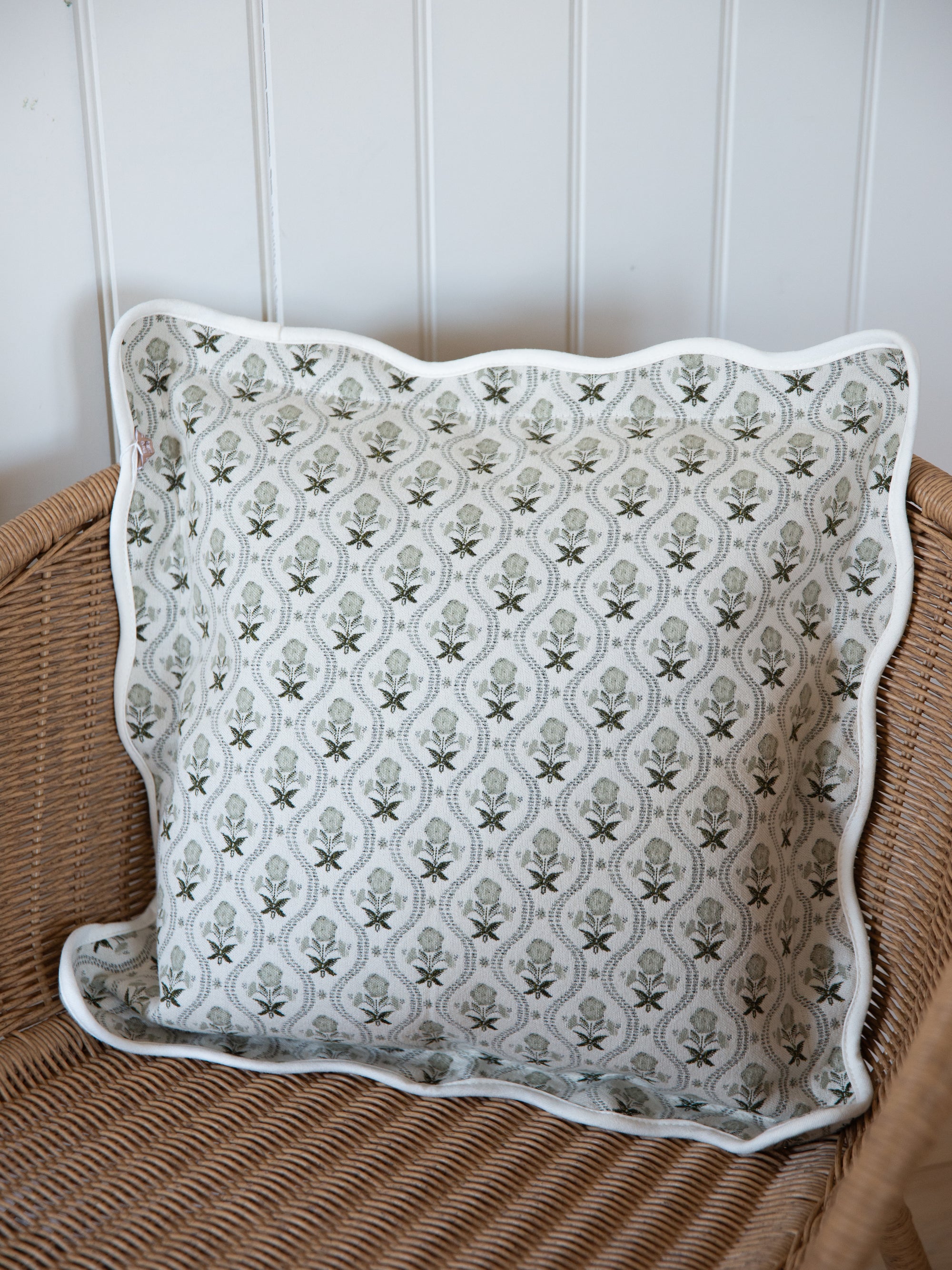 Scalloped Edge Cushion Cover / Sage Block Print Floral / 45 x 45 cm