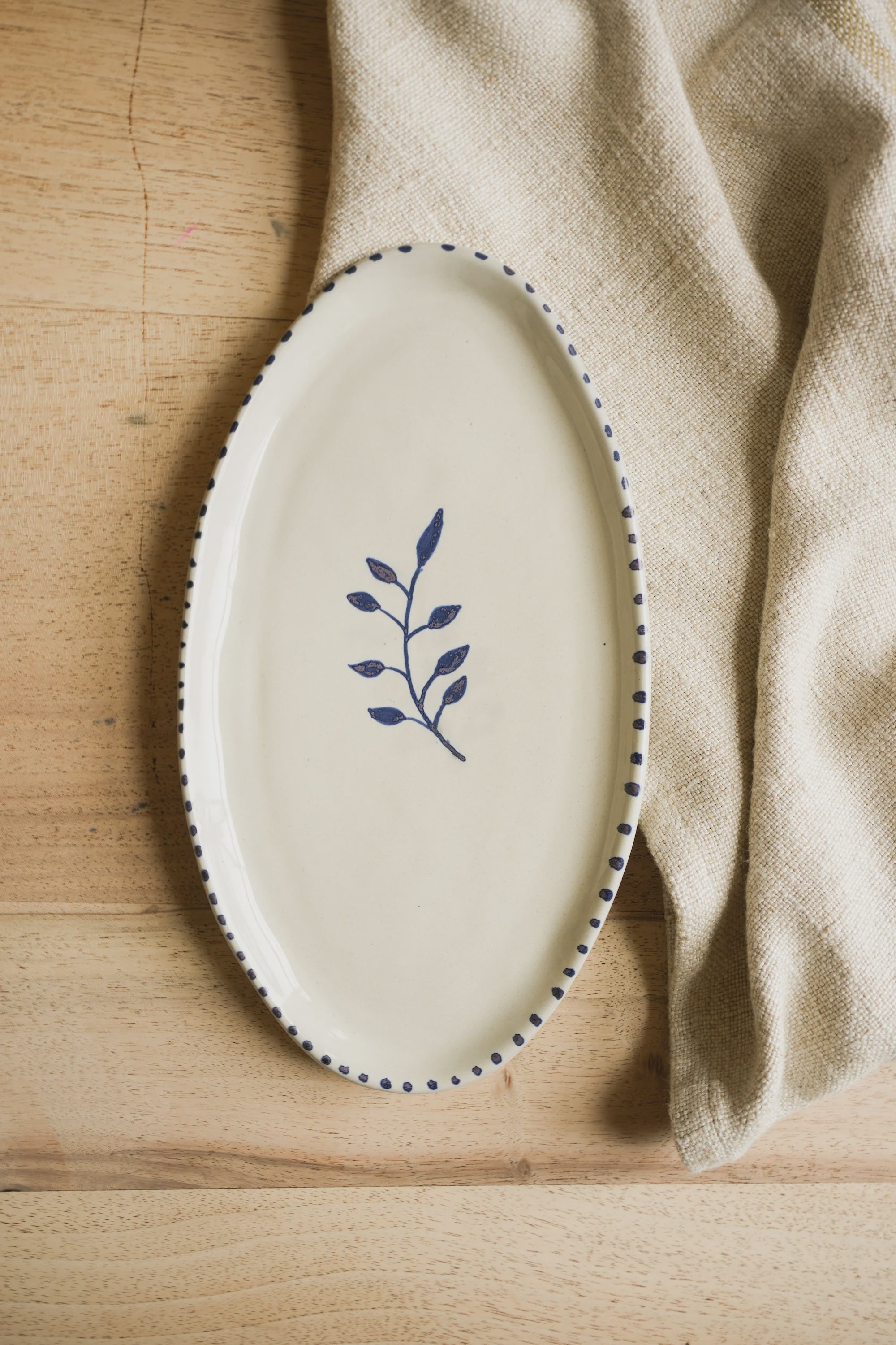 Handpainted Botanic Stripe Oval Plate / Ink Blue