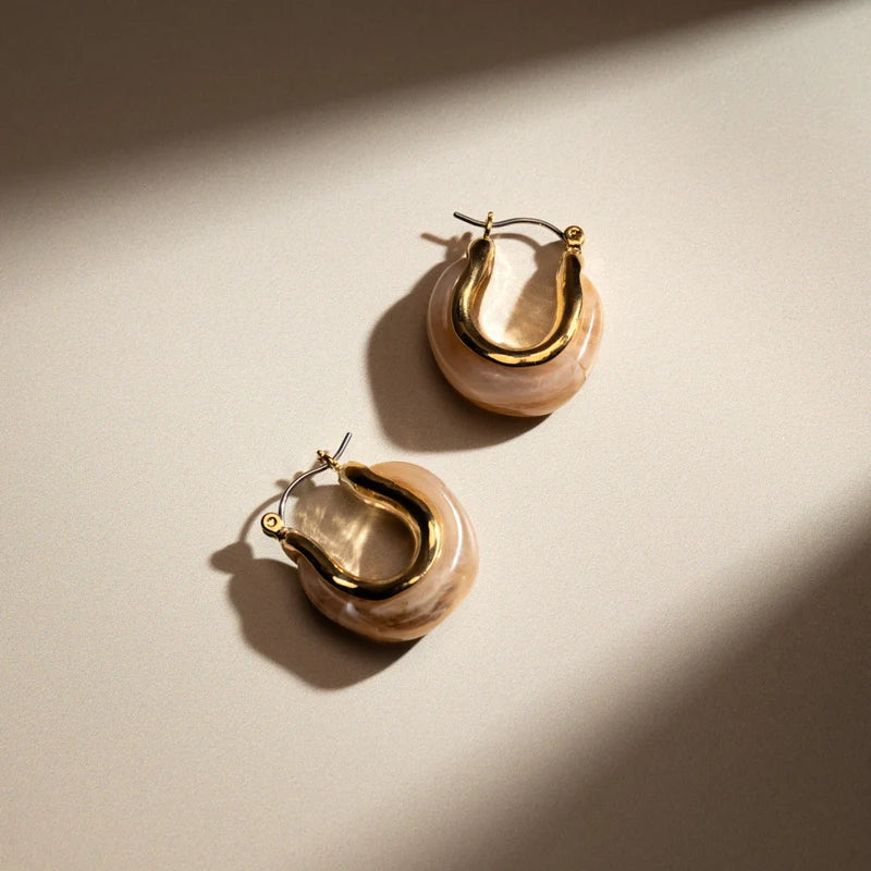 Marble Resin Hoop Earrings / 18K Gold Plated