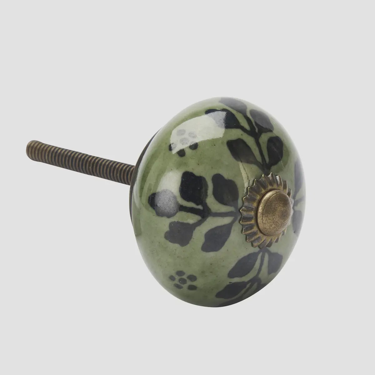 Floral Ceramic Knob / Green &amp; Black