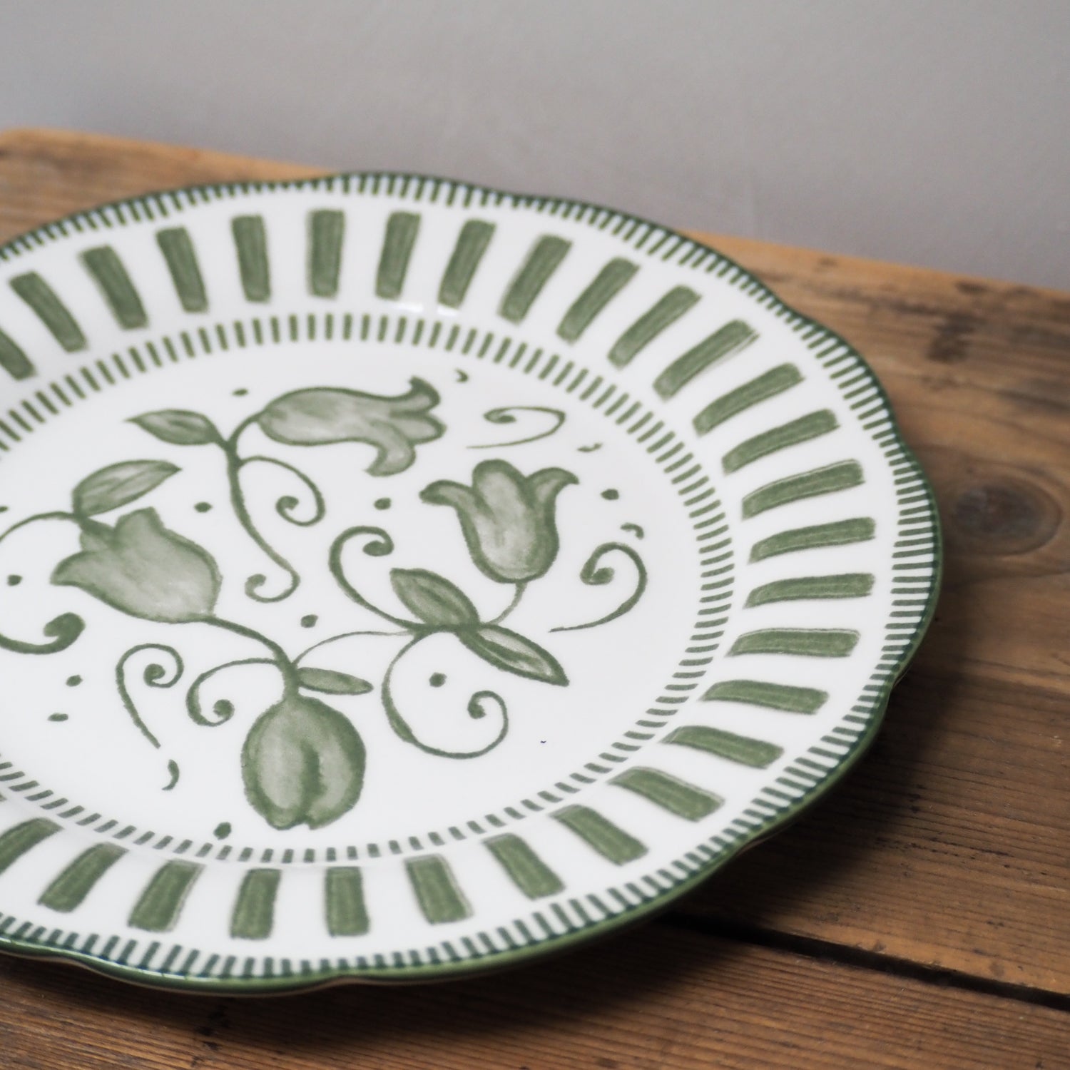 French Porcelain Scalloped Floral Lunch Plate / Green